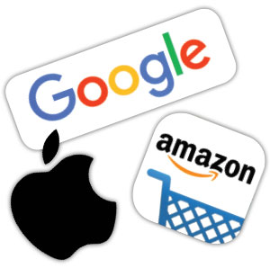 Apple, Google, and Amazon logos.