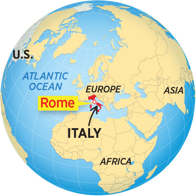 Enlargeable world map of Italy and Rome in Europe