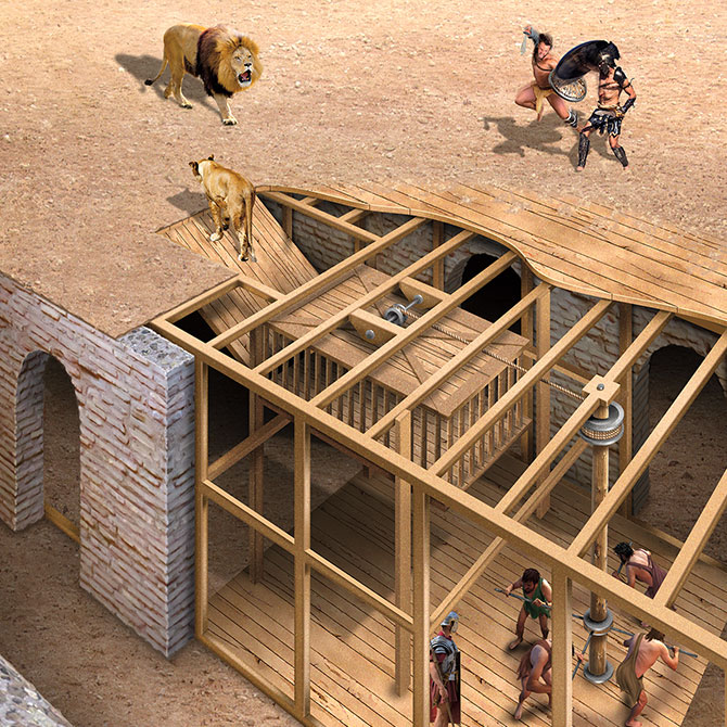 Enlargeable illustration of two gladiators battling as two lions enter the arena from underground
