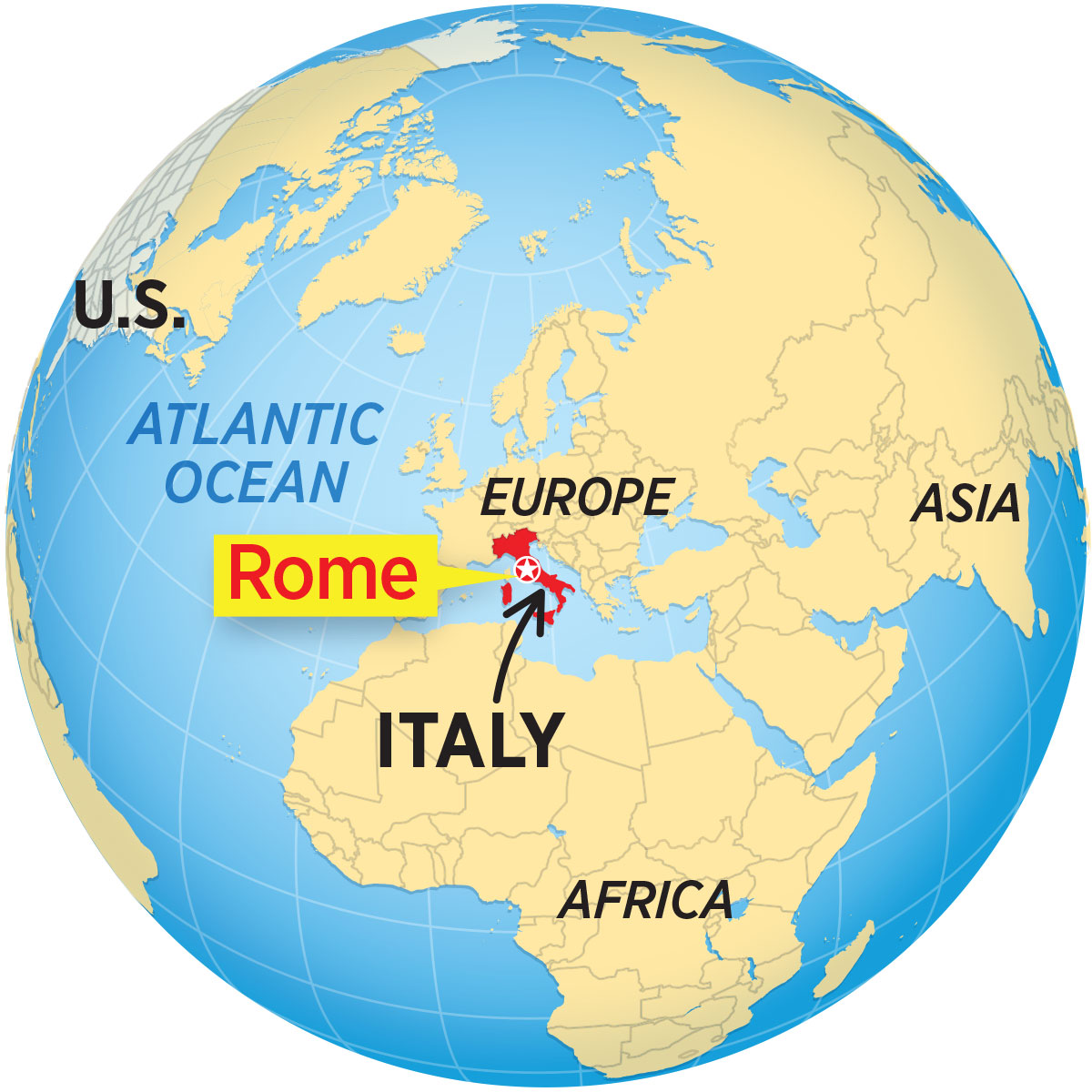 World map of Italy and Rome in Europe