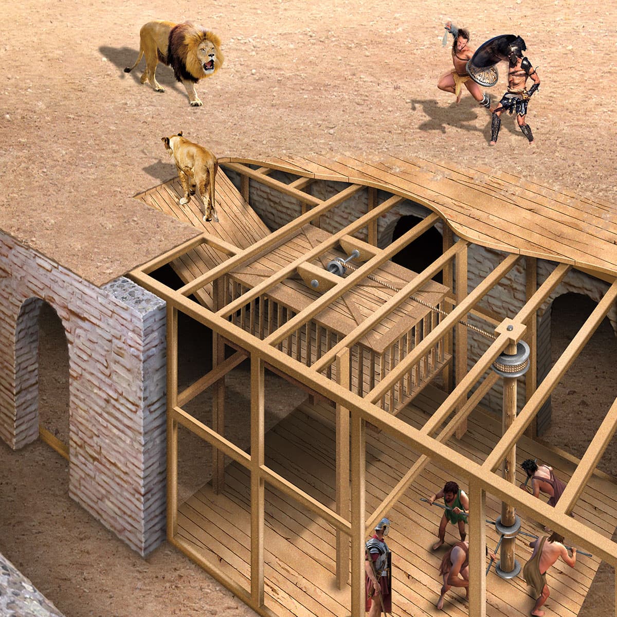 Two gladiators battling as two lions enter the arena from underground