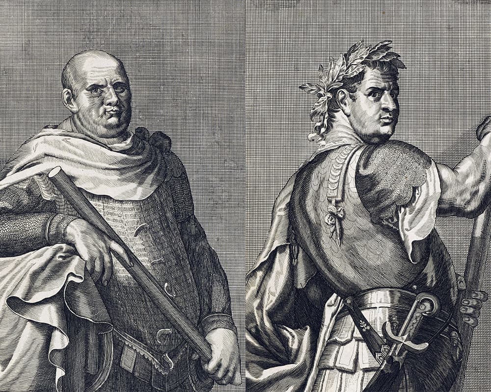 Black and white illustration of two men holding weapons and dressed as Roman nobility