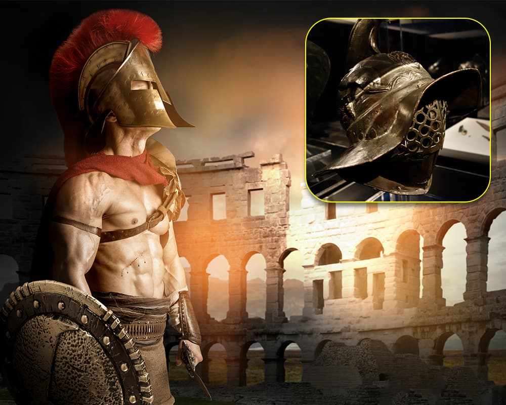 A gladiator with a red cape and gold helmet and shield standing in the middle of the arena