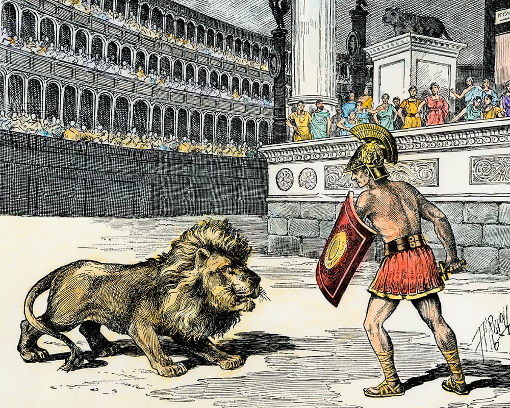 Illustration of a gladiator fighting a lion as a crowded colosseum watches