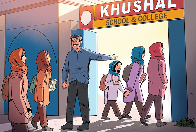 Enlargeable illustration of Malala walking with other females into a school founded by her father