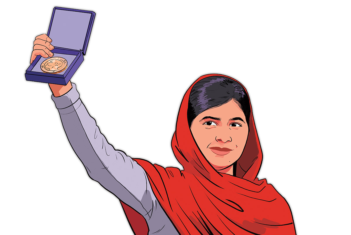 Illustration of Malala proudly holding the Nobel Peace Prize medal