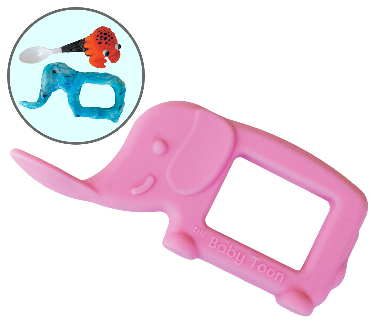 Image of an elephant shaped baby spoon & image of two original prototypes