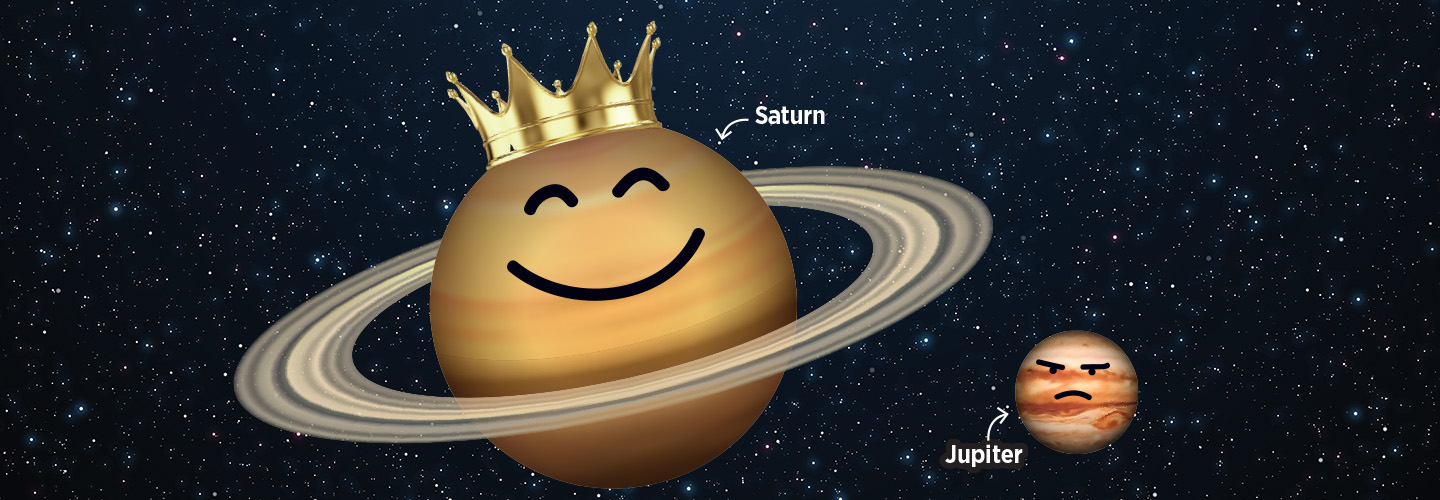 Image of a smiling Saturn with crown next to a much smaller frowning Jupiter