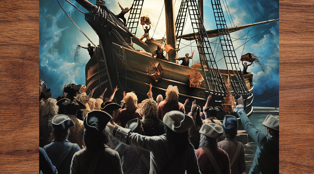 Illustration of colonists throwing tea off British ships during Boston Revolution