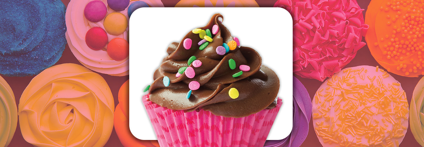 Image of cupcake with chocolate frosting and colorful circle sprinkles