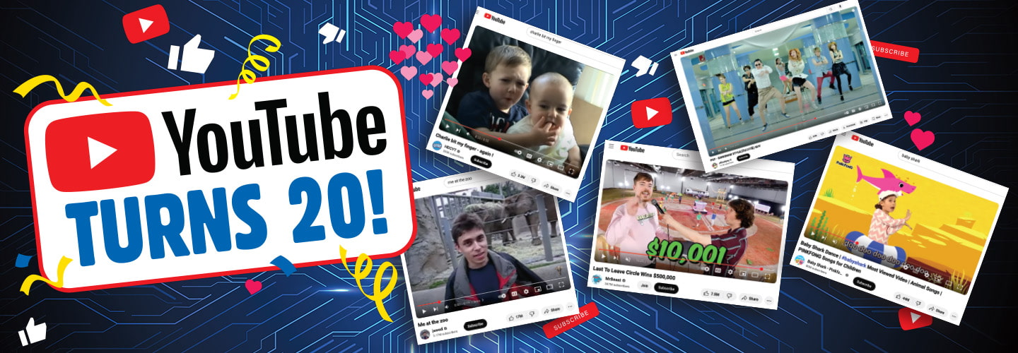 Image of various Youtube videos with text, "Youtube Turns 20!"