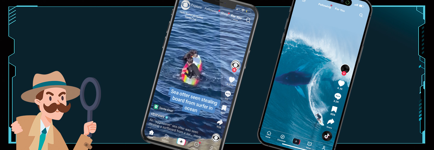a cartoon detectives looks through the magnifying glass at two different phones playing videos