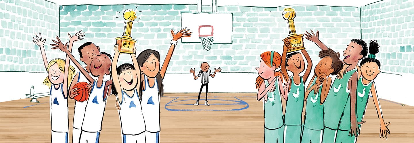 a cartoon of two rival basketball team celebrating with trophies