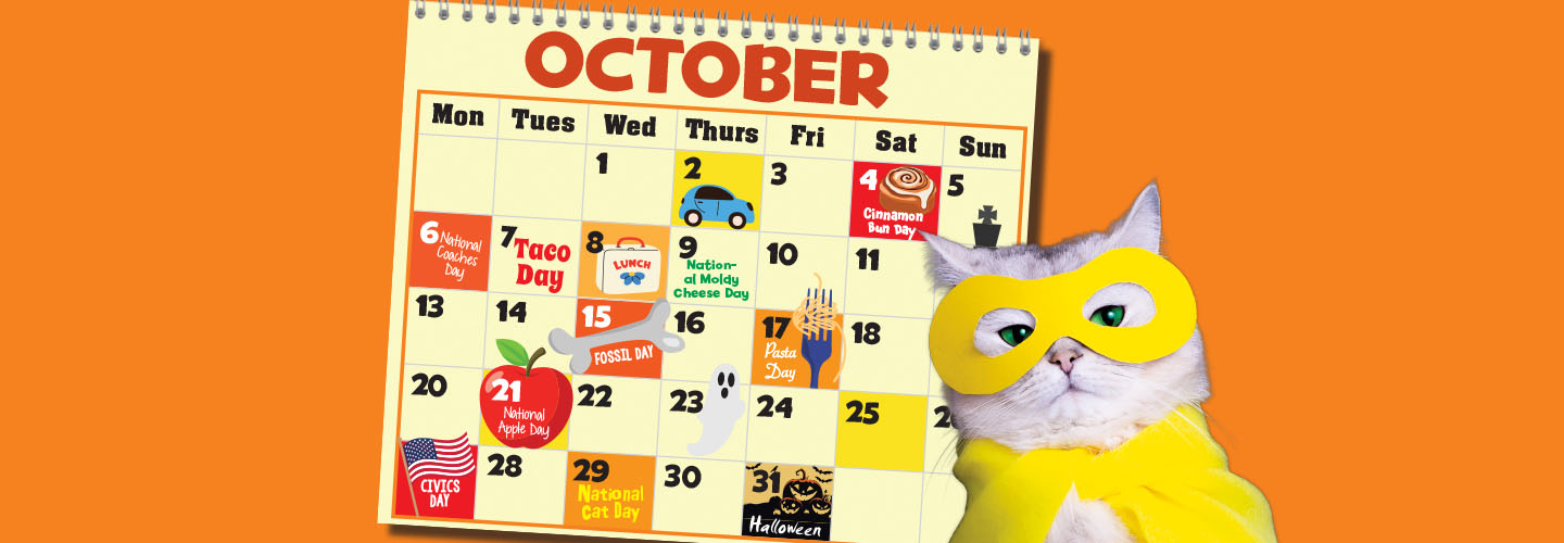 Image of a calendar of October with a superhero cat next to it
