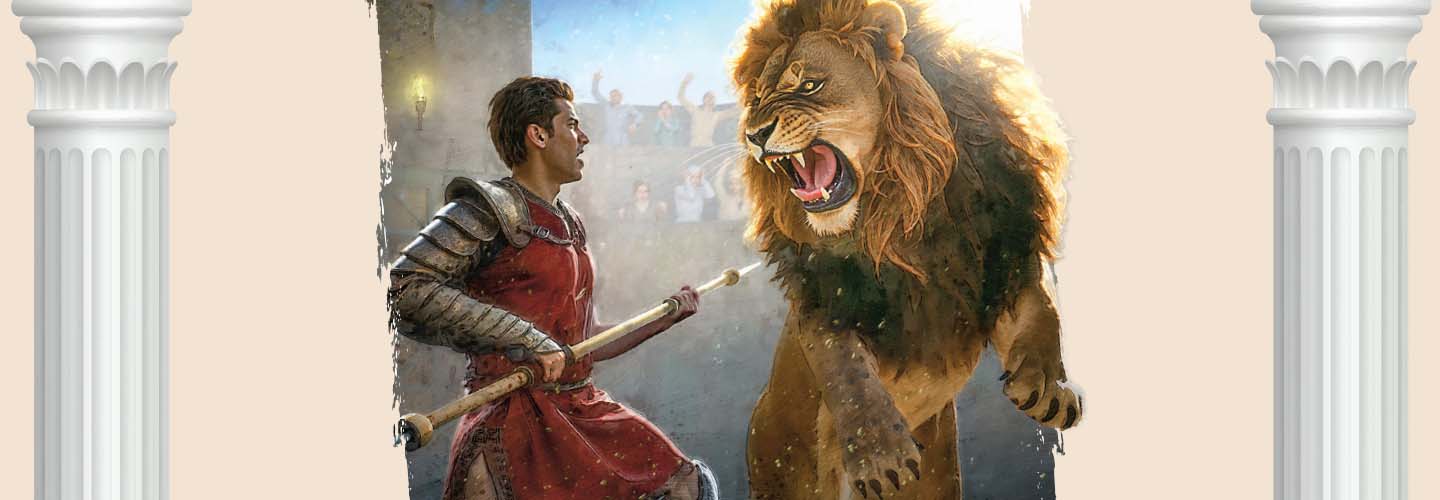 Digital illustration of a gladiator fighting a lion