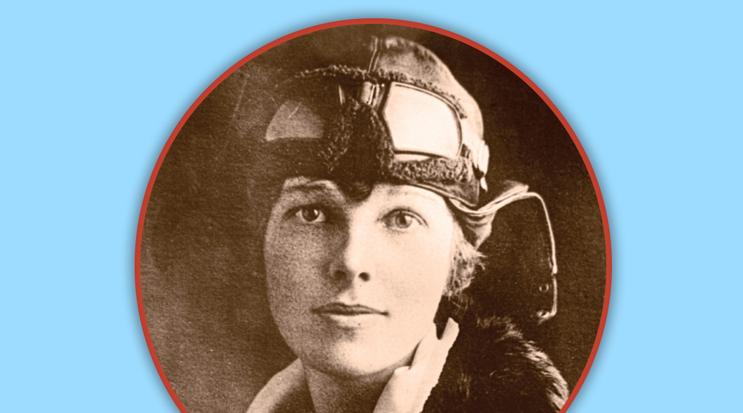 Sepia tone headshot of Amelia Earhart in front of a blue background