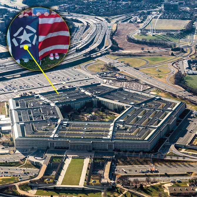 Enlargeable image of the Pentagon and in a smaller image, a reference to the new 9/11 flag