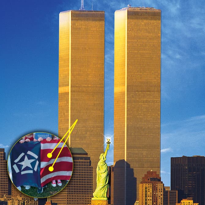 Enlargeable image of golden Twin Towers, Statue of Liberty, and the new 9/11 flag