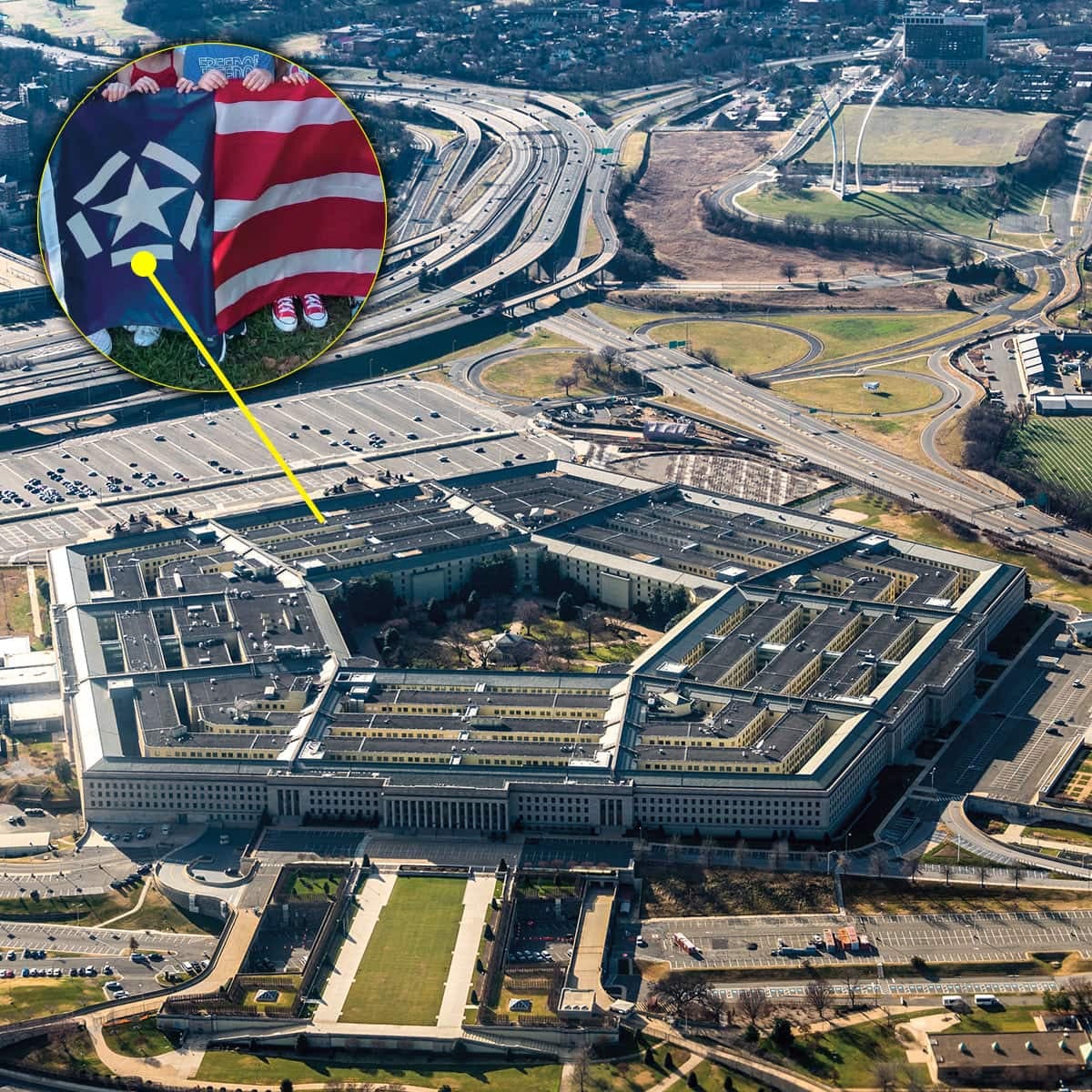 The Pentagon and in a smaller image, a reference to the new 9/11 flag