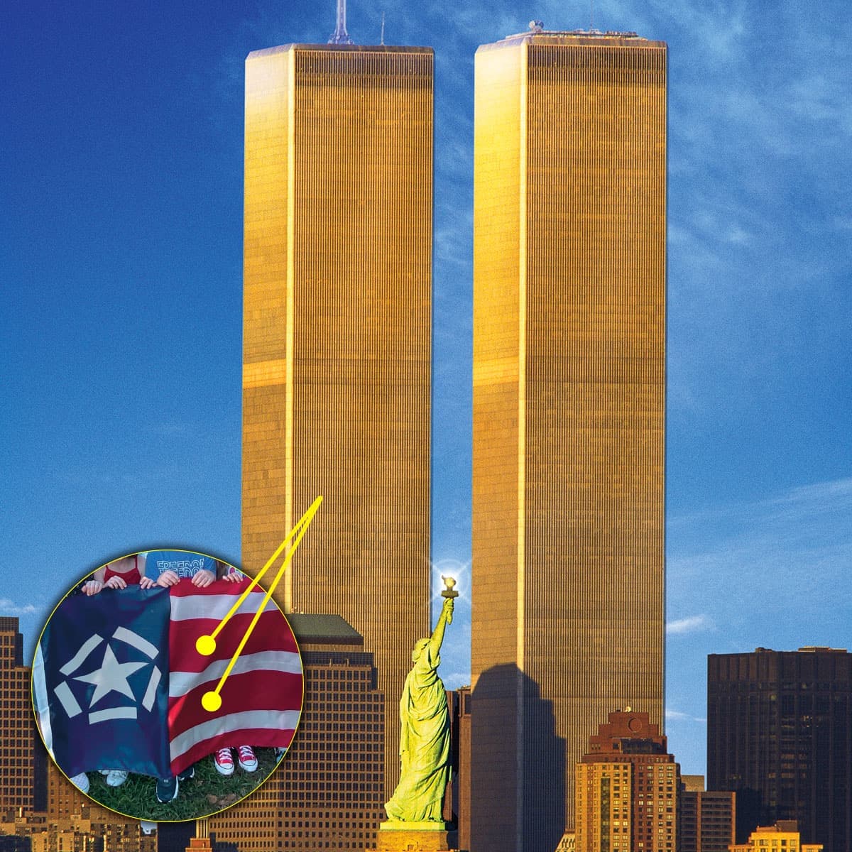 Golden Twin Towers, Statue of Liberty, and the new 9/11 flag
