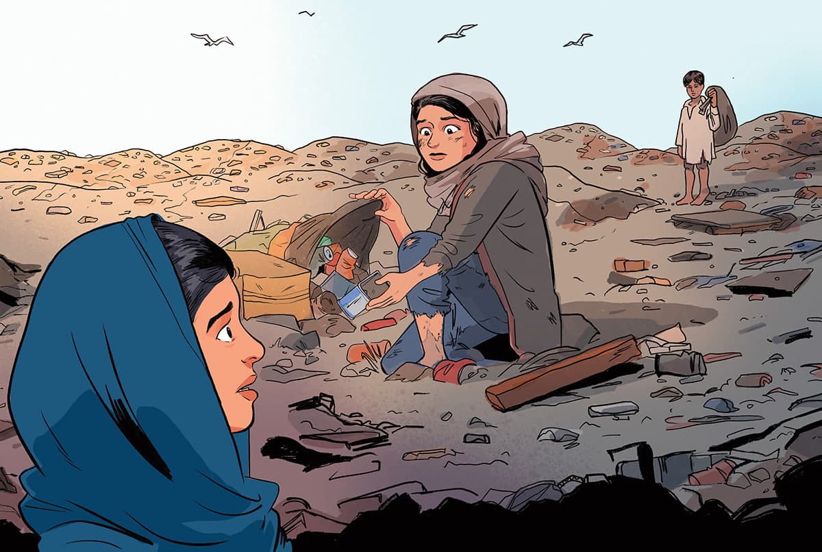 Illustration of Malala watching children search through the trash for items